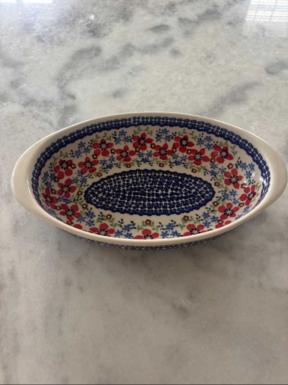 BOLESLAWIEC Handmade Polish Pottery Oval Dish in Blue and White 12” NWT